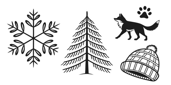 A snowflake pine tree wolf and acorn in a simple black and white illustration Vector