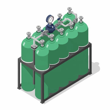 Isometric illustration of a rack of green gas cylinders with pressure gauges and connecting pipes.