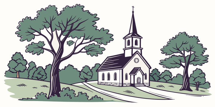 A small white church with a steeple and trees Vector