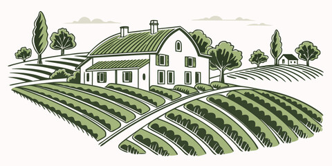 A white house with a green roof surrounded by a vineyard Vector © MD MOGAMMEL HAQUE 