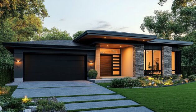 contemporary single-story home with flat roof, dark two-car garage, wood-paneled front door, stone accents, warm evening lighting, manicured lawn and stepping-stone driveway, inviting and serene