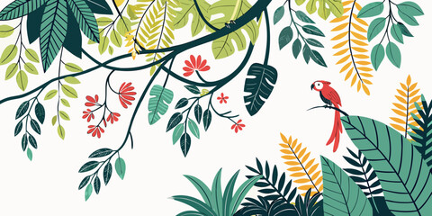 A colorful tropical pattern with a rooster and various plants Vector © MD MOGAMMEL HAQUE 