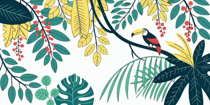 A colorful bird perched on a branch with tropical leaves and flowers Vector