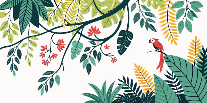 A colorful tropical pattern with a rooster and various plants Vector
