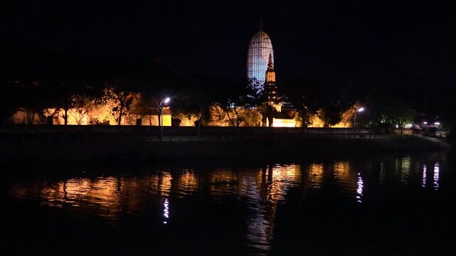 Footage of Ethereal Light-up Wat Phutthaisawan Ancient Temple at night, Ayutthaya Historical Park, Thailand