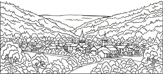 Obraz premium Valley town nestled among rolling hills and dense trees