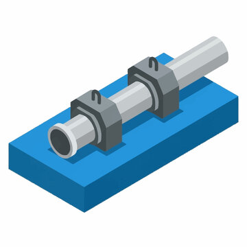 Isometric illustration of a pipe support system with two pillow block bearings mounted on a blue base.