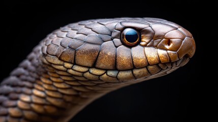 Fototapeta premium Close-up of a brown snake's head against a stark black background.