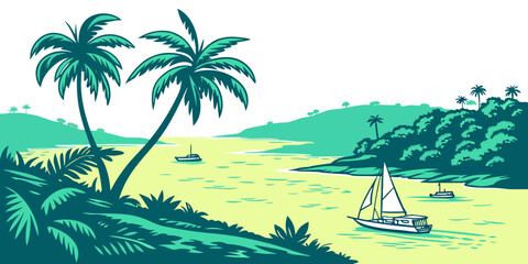 A serene tropical landscape with palm trees and a sailboat Vector © MD MOGAMMEL HAQUE 
