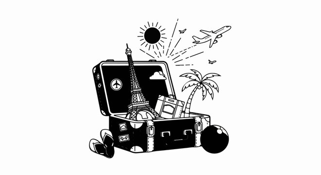Open suitcase with Eiffel Tower, palm, plane, sun, beach ball, flip-flops