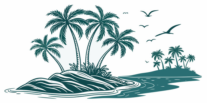 A tropical island with palm trees and birds flying overhead Vector