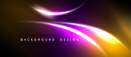 Naklejka premium Abstract background features vibrant purple, orange glows. Dynamic lines create modern visual impact. Dark space dominates composition.