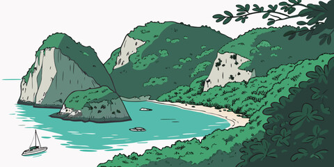 A serene tropical bay with lush green mountains Vector © MD MOGAMMEL HAQUE 