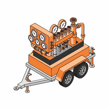 Illustration of an orange industrial pressure testing unit mounted on a trailer with multiple gauges and valves.