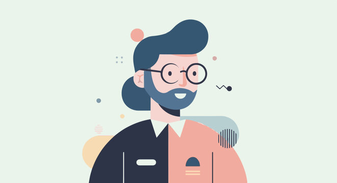 Minimalist portrait of a person with split clothing and abstract shapes