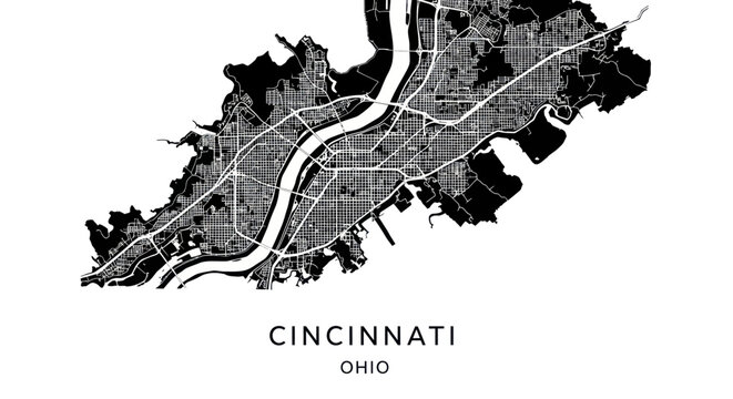 Cincinnati Ohio City Map Black and White Abstract Design