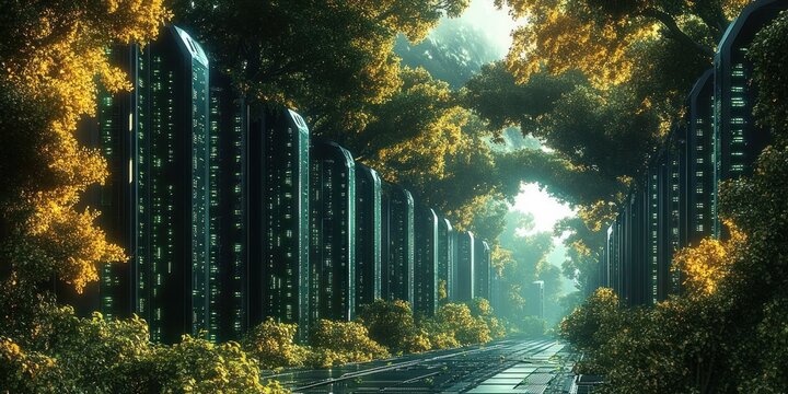Tranquil sunlit avenue lined with glowing futuristic server towers under a golden tree canopy, serene fusion of nature and technology