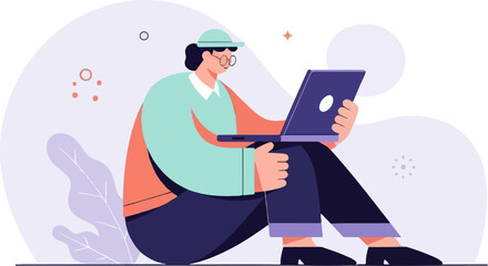 Fototapeta premium Person in casual clothing and hat using a laptop while sitting