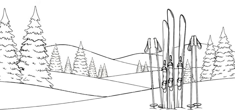 Winter landscape with snow, pine trees, and skis with poles
