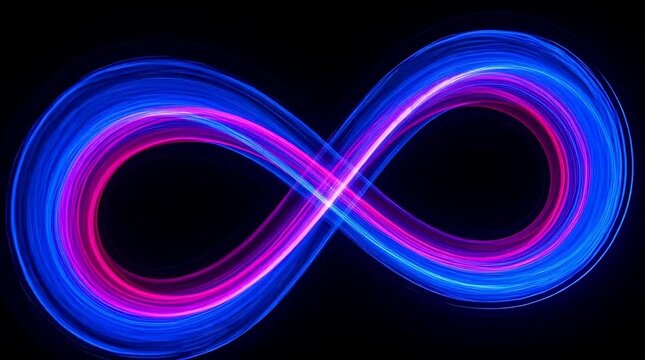 A glowing infinity symbol in neon blue and pink light trails on a black background, representing endlessness and continuity