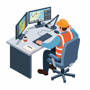Isometric illustration of a man working at a computer with maps and data.