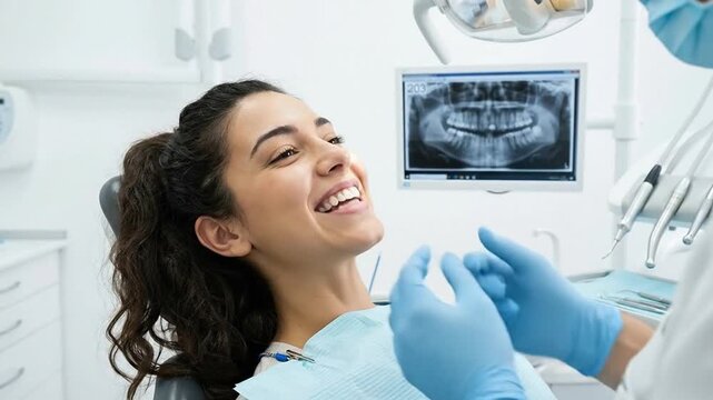 Happy Young Woman Smiling in Dental Chair During Check-up, Dentist's Hands and X-ray Visible