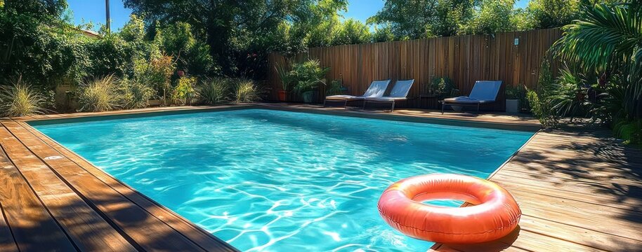 sunlit backyard swimming pool with wooden deck, orange inflatable ring floating near the edge, lounge chairs and lush tropical plants by a privacy fence, calm inviting atmosphere