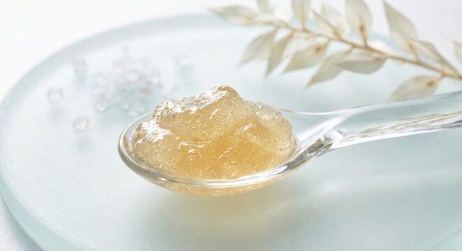 Gold sea moss gel on translucent glass spoon macro shot