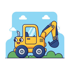 Naklejka premium Happy little yellow excavator working outdoors