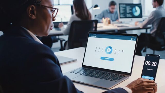 Data Protection multi factor concepts. Focused businessman managing network data protection via multi factor authentication on smartphone using laptop in modern busy corporate office environment