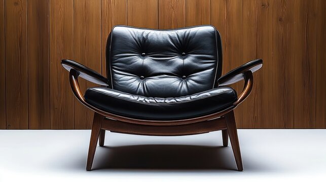 single black leather mid-century lounge chair with wooden frame and tufted cushions against warm wood paneling, inviting and elegant mood