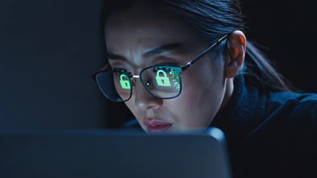 Data Protection multi factor concepts. Serious focused young asian woman staring intensely at computer screen in dark room with lock reflection on glasses during multi factor data protection setup