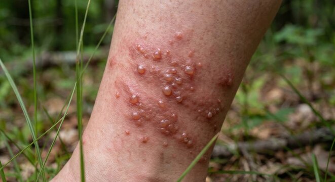 Poison ivy rash with blisters on human leg