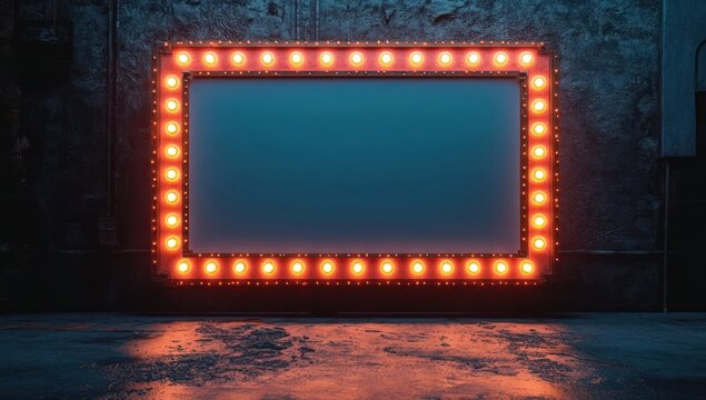 Empty illuminated marquee frame with glowing round bulbs and blank blue screen against a dark gritty wall, wet reflective floor, moody cinematic atmosphere
