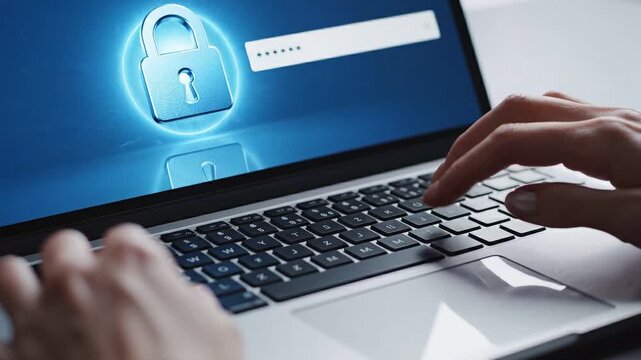Data Protection multi factor concepts. Confident user types secure password on modern laptop keyboard ensuring online data protection with multi factor authentication for safe digital privacy