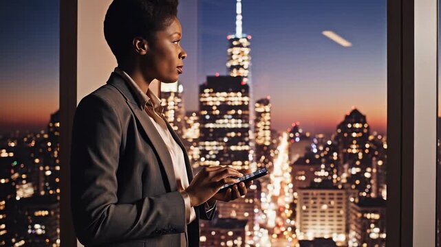 Data Protection multi factor concepts. Focused businesswoman holding mobile phone near window overlooking night city skyline contemplating multi factor data corporate security network protection