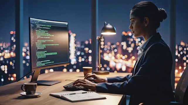 Data Protection multi factor concepts. Focused woman programmer typing code late night corporate office monitor analyzing complex data protection protocols using multi factor authentication skyline