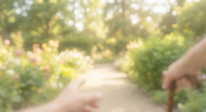 POV simulation of blurred cataract vision in a sunny garden
