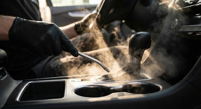 Professional car detailer using steam wand on gear shifter