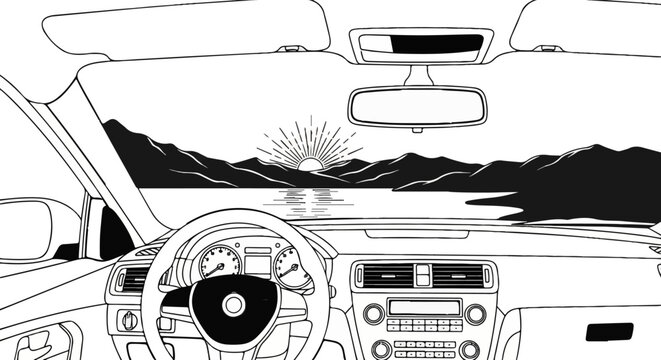 View from inside a car at sunrise over a lake and mountains