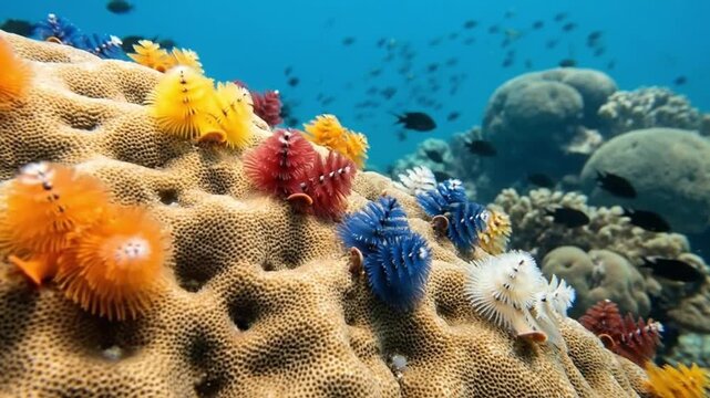 Vibrant Christmas Tree Worms on Brain Coral in Tropical Underwater Reef. Colorful Marine Life in Clear Blue Ocean.