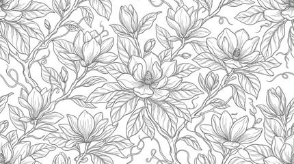 Intricate floral pattern featuring magnolia blossoms and leaves on a white background © Siwit