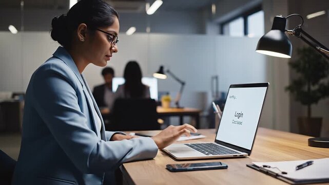 Data Protection multi factor concepts. Focused professional business woman working late night in corporate office using mobile phone and laptop computer for multi factor cybersecurity data protection