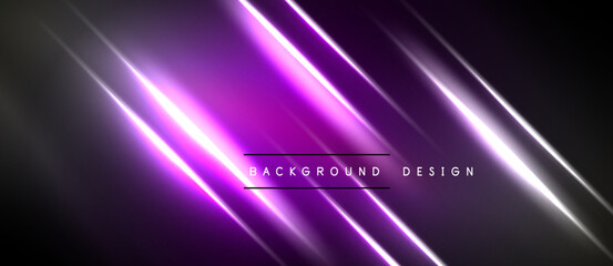 Obraz premium Abstract purple neon lines over black background. Modern design element, vibrant illumination, dynamic composition.