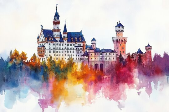 majestic fairy-tale castle with tall spires and turrets above a colorful autumn forest, misty lake reflection in a dreamy watercolor scene