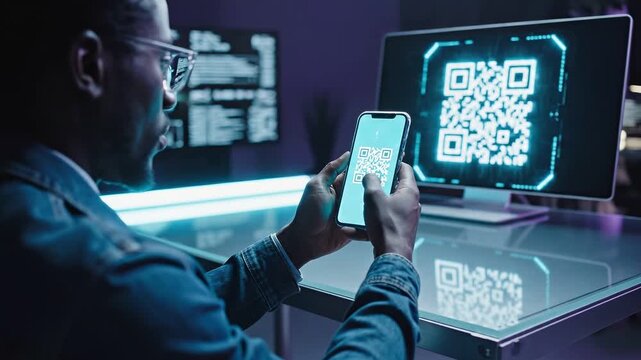 Data Protection multi factor concepts. Focused man using smartphone scanning barcode on computer screen for secure multi factor authentication ensuring data protection in dark high tech modern office