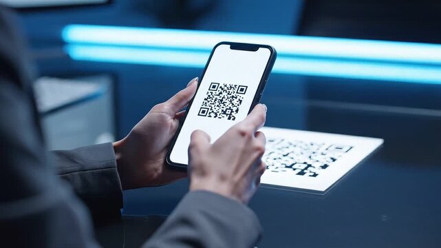 Data Protection multi factor concepts. Focused businessman holding smartphone scanning barcode paper for multi factor authentication securing corporate data protection inside dark modern night office