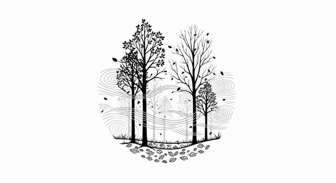 Stylized trees with falling leaves and swirling water patterns
