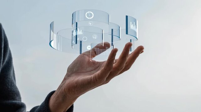 Hand holding translucent holographic interface displaying transparent data charts and icons