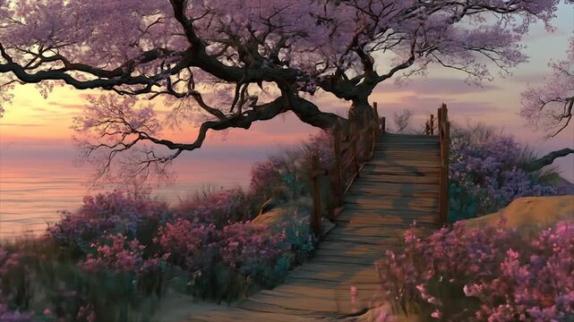 Picturesque landscape with blossoming trees and a wooden bridge at sunset